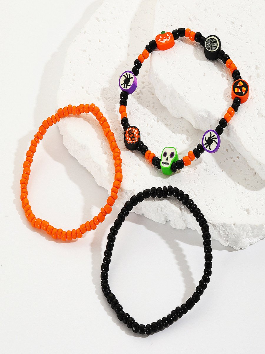 Hot Selling Orange Rice Beads Crystal Metal-plated Polymer Clay Pumpkin Skull Pendant Halloween Beaded Bracelet