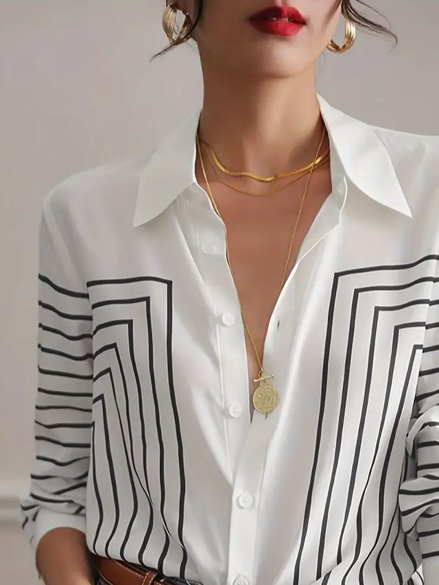 Women Abstract Long Sleeve Shirt Spring/Fall Buckle Shirt Collar Regular Sleeve Daily Casual Top