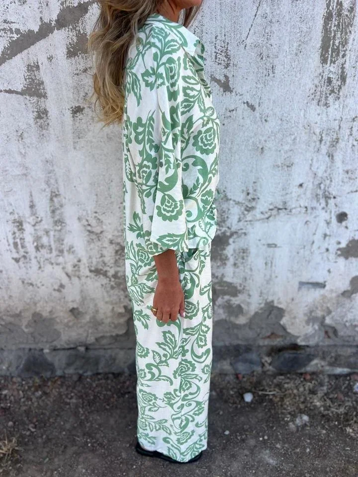 Women Floral Printing Two-Piece Set Daily Three Quarter Sleeve Casual Spring/Fall Top With Pants Matching Set