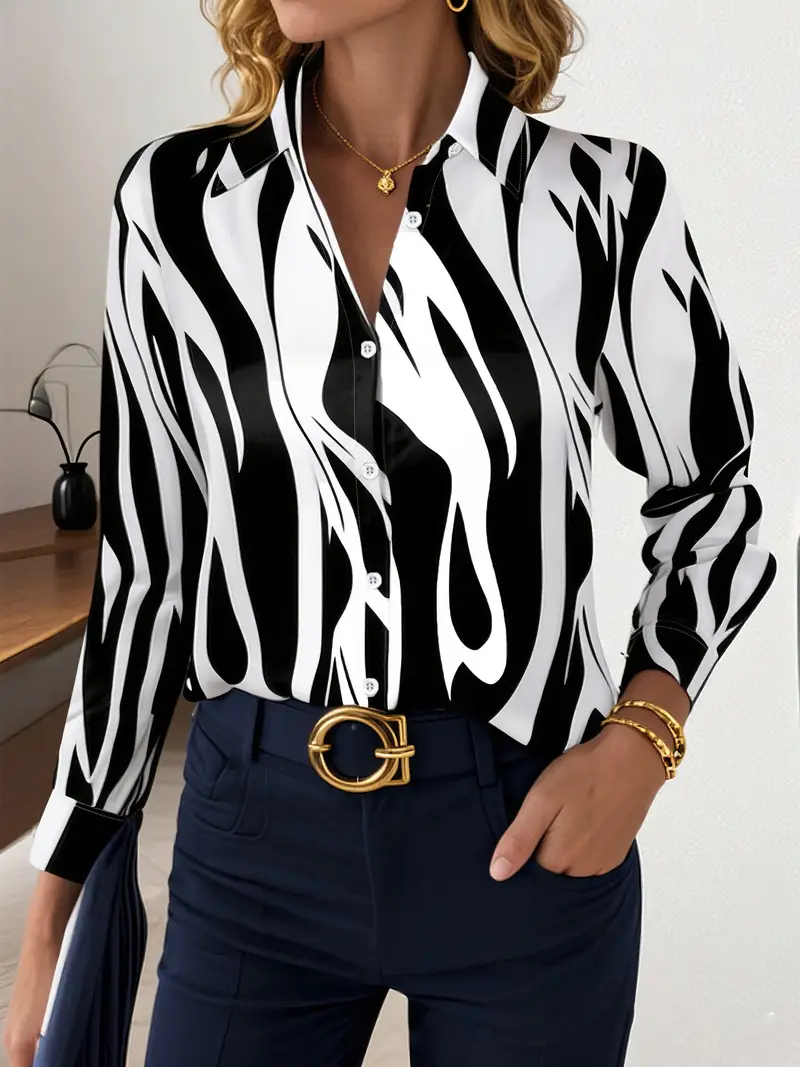 Women Abstract Long Sleeve Shirt Spring/Fall Buckle Shirt Collar Regular Sleeve Daily Casual Top