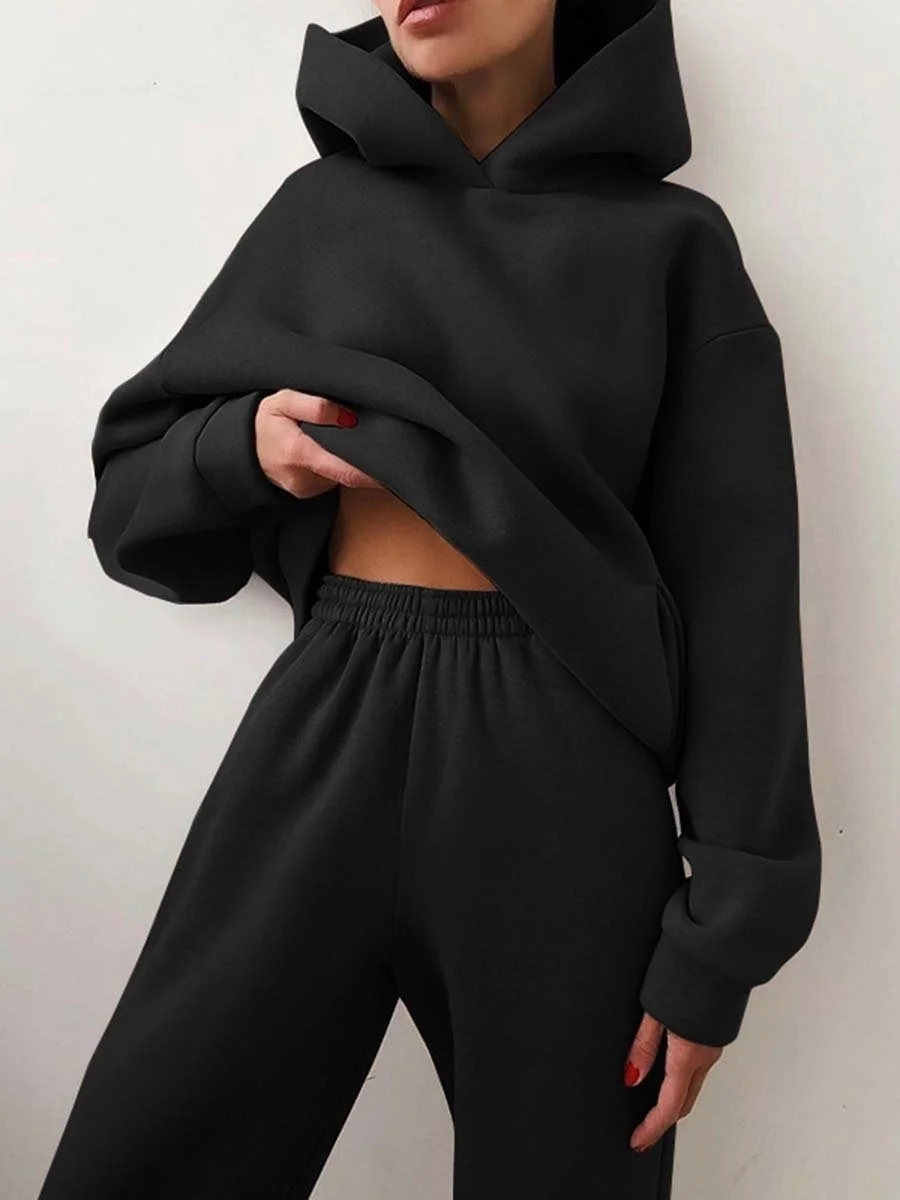 Women Plain Split Joint Two-Piece Set Daily Long Sleeve Casual Spring/Fall Top With Pants Matching Set