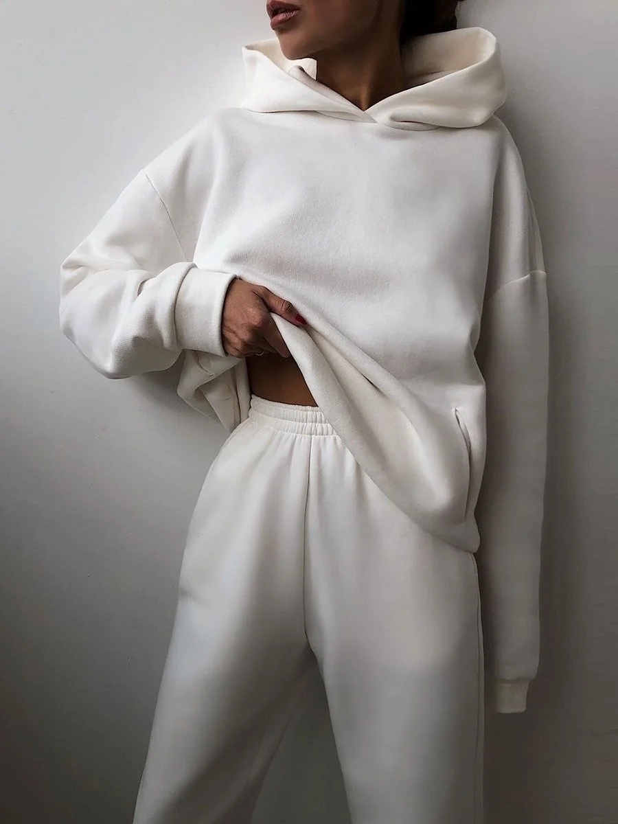 Women Plain Split Joint Two-Piece Set Daily Long Sleeve Casual Spring/Fall Top With Pants Matching Set