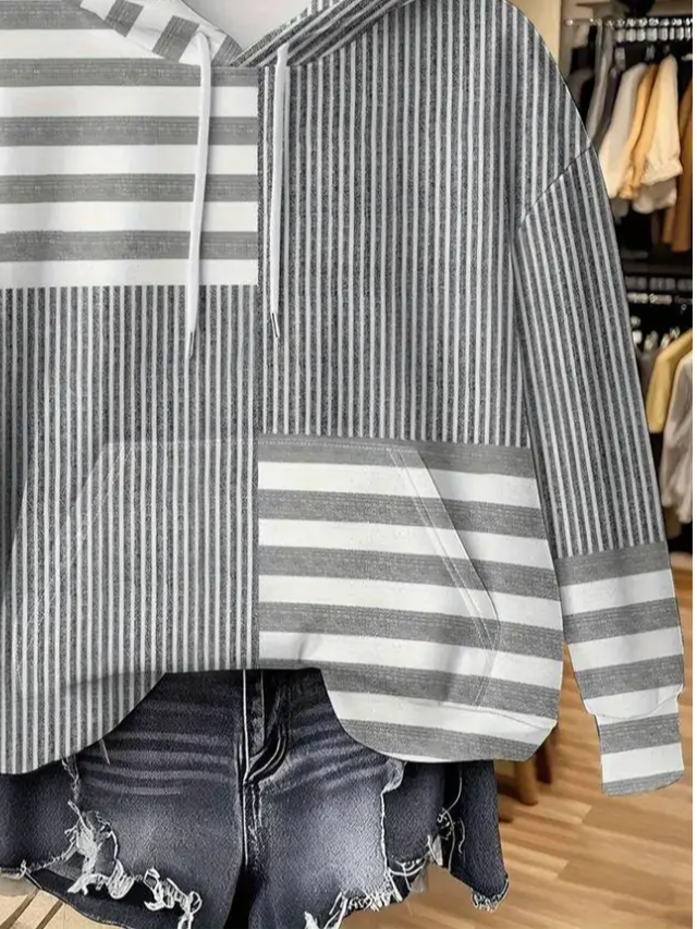 Women Striped Spring/Fall Printing Long Sleeve Casual Daily Hoodie