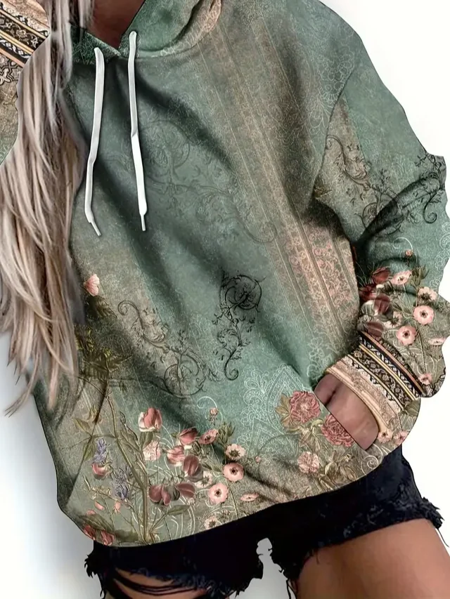 Women Floral Spring/Fall Printing Long Sleeve Casual Daily Hoodie