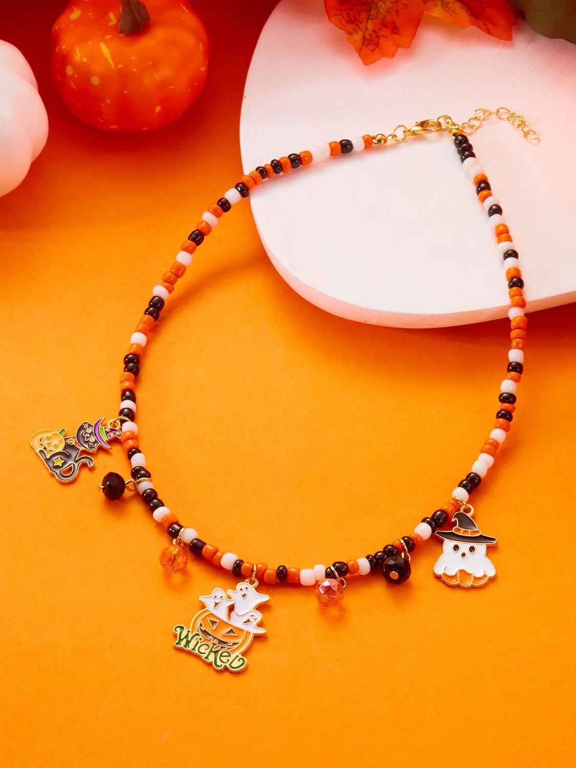 Halloween Necklace Funny Pumpkin Ghost Cat Pendant Horror Contrast Color Rice Bead Necklace Clavicle Chain