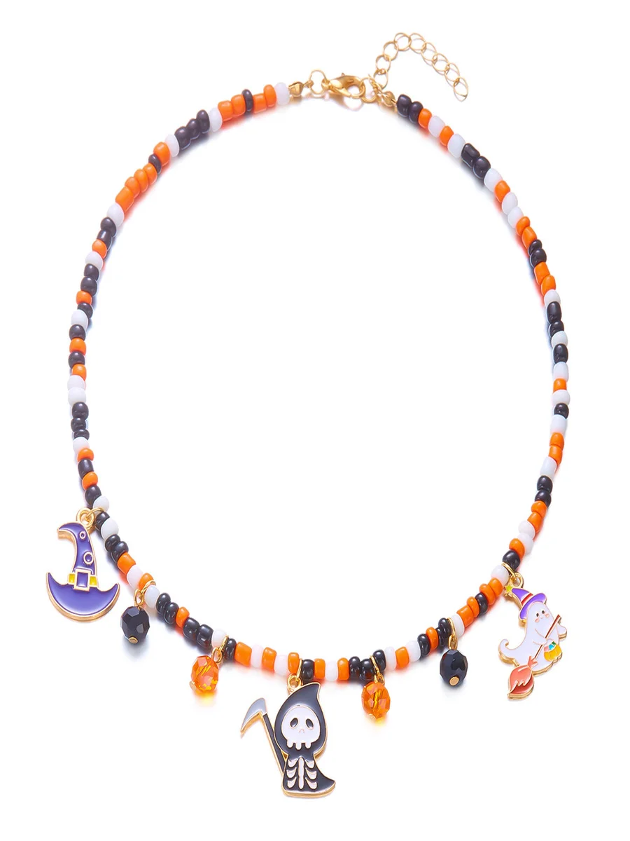 Halloween Necklace Funny Pumpkin Ghost Cat Pendant Horror Contrast Color Rice Bead Necklace Clavicle Chain