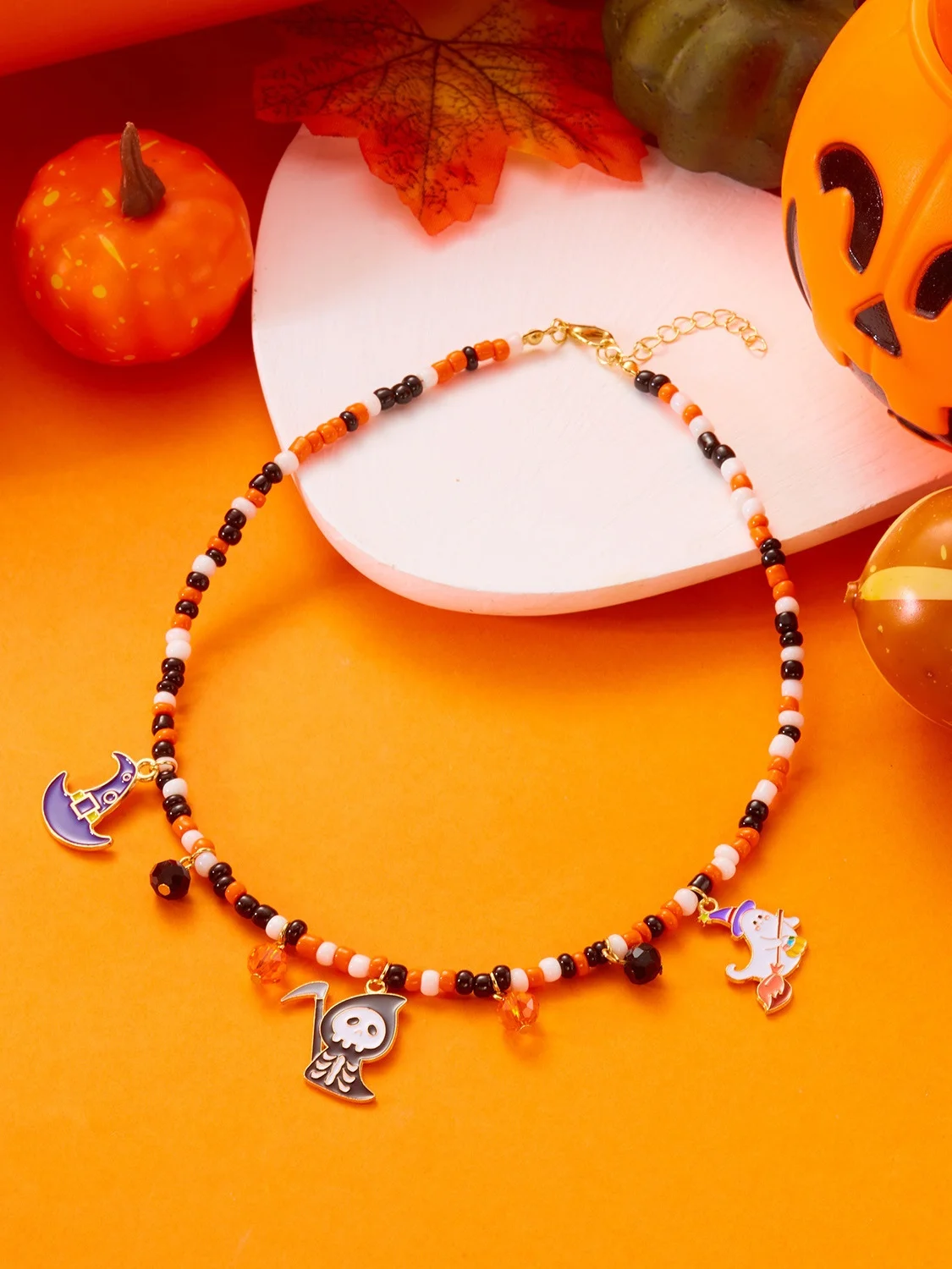 Halloween Necklace Funny Pumpkin Ghost Cat Pendant Horror Contrast Color Rice Bead Necklace Clavicle Chain