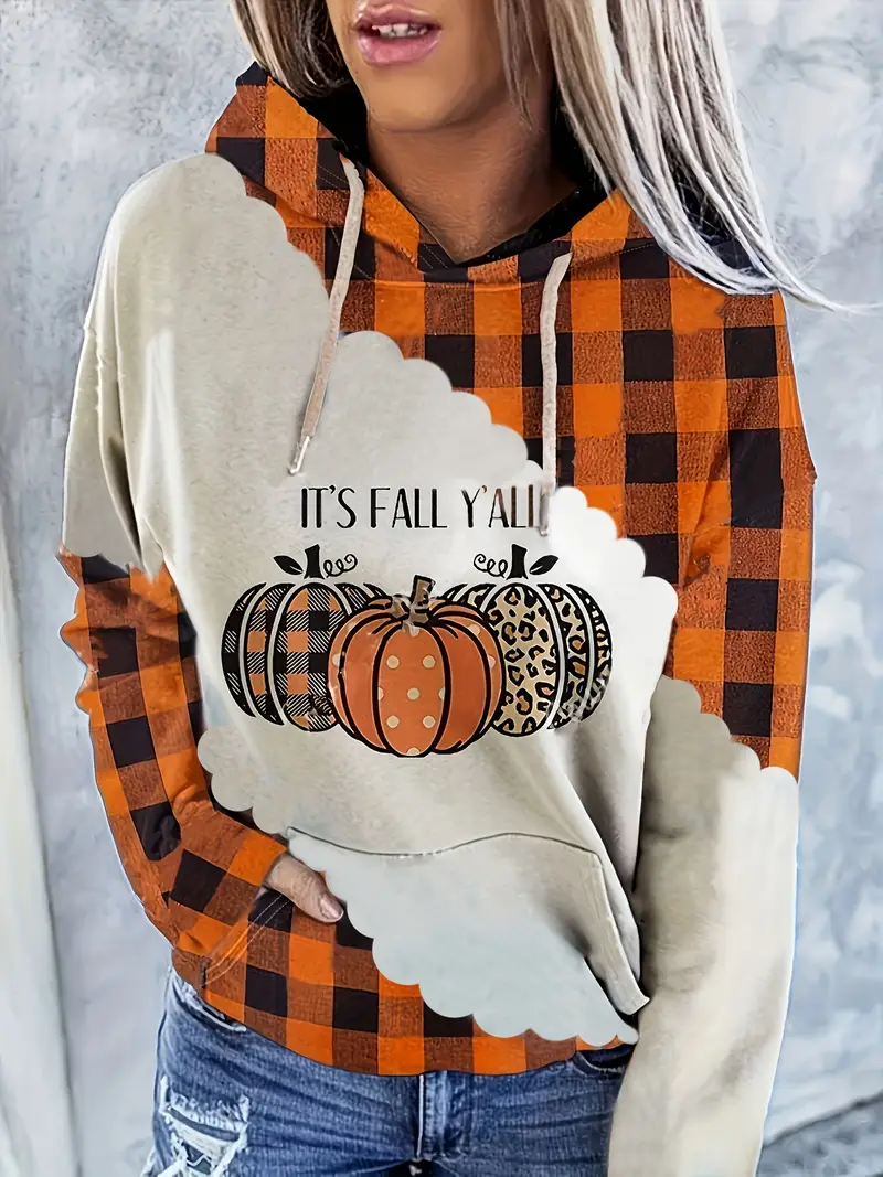 Women Plaid Spring/Fall Printing Long Sleeve Casual Daily Hoodie
