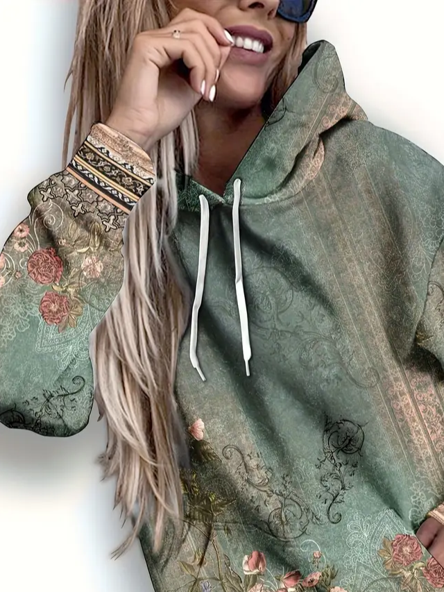 Women Floral Spring/Fall Printing Long Sleeve Casual Daily Hoodie