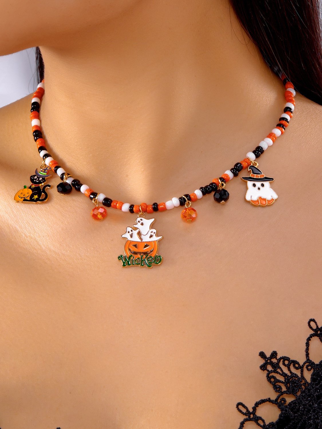 Halloween Necklace Funny Pumpkin Ghost Cat Pendant Horror Contrast Color Rice Bead Necklace Clavicle Chain