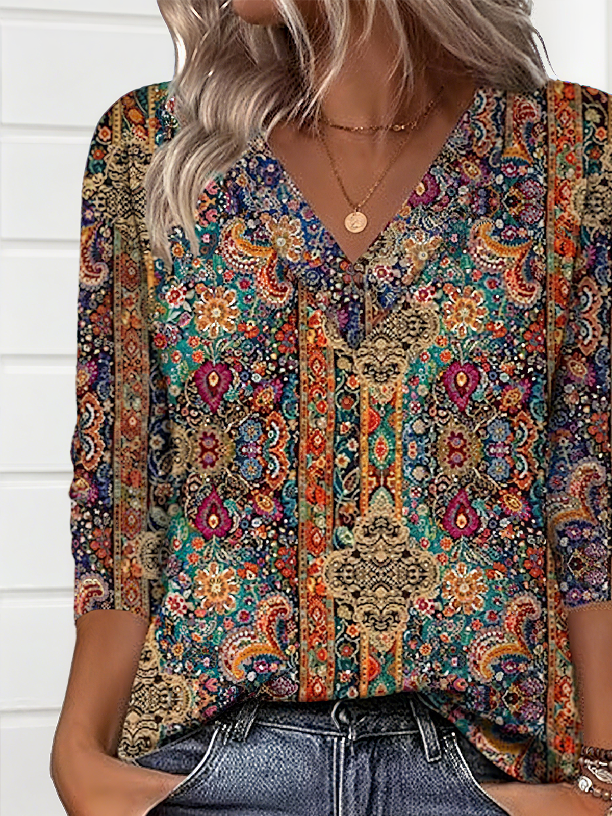 Women Nationality/ethnic Long Sleeve Tee T-shirt V Neck Casual Spring/Fall Top