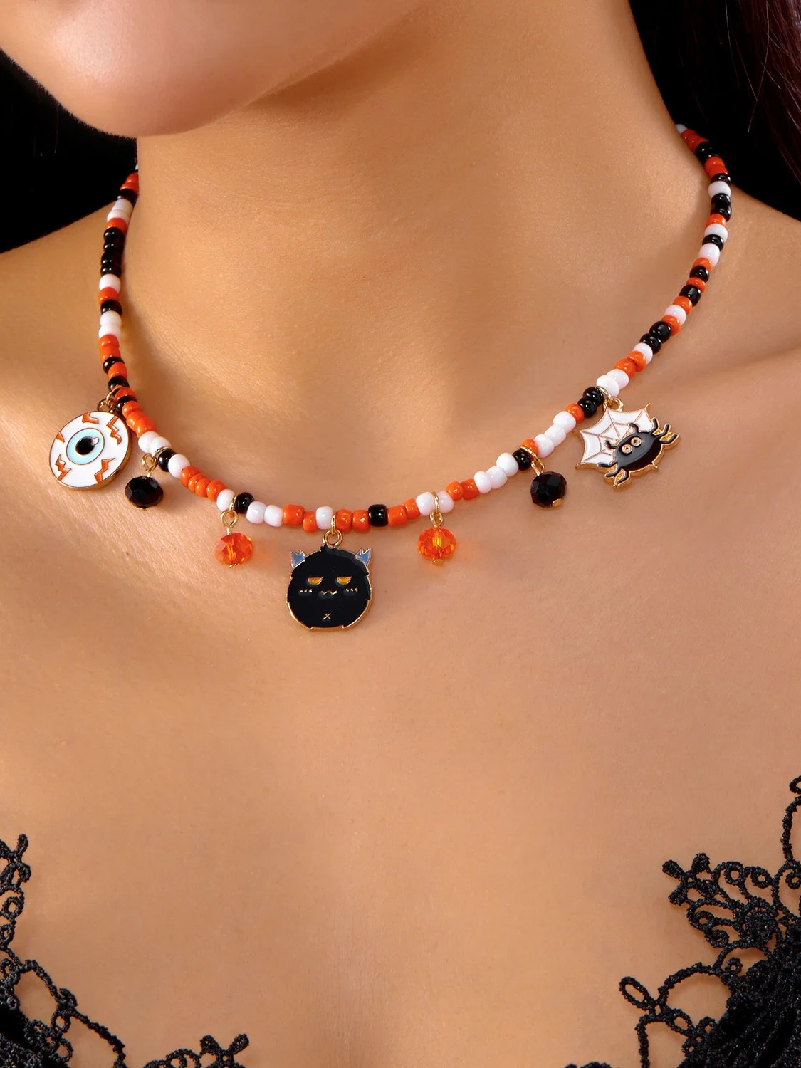 Halloween Necklace Funny Pumpkin Ghost Cat Pendant Horror Contrast Color Rice Bead Necklace Clavicle Chain