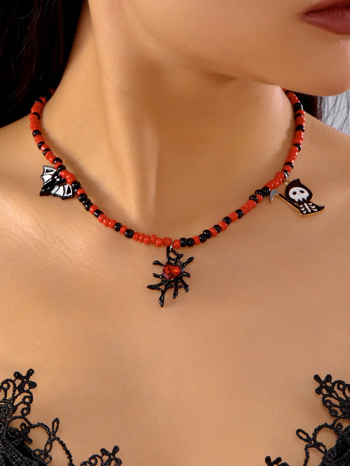 Halloween Necklace Funny Pumpkin Ghost Cat Pendant Horror Contrast Color Rice Bead Necklace Clavicle Chain