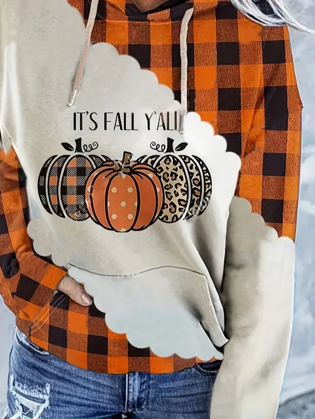 Women Plaid Spring/Fall Printing Long Sleeve Casual Daily Hoodie