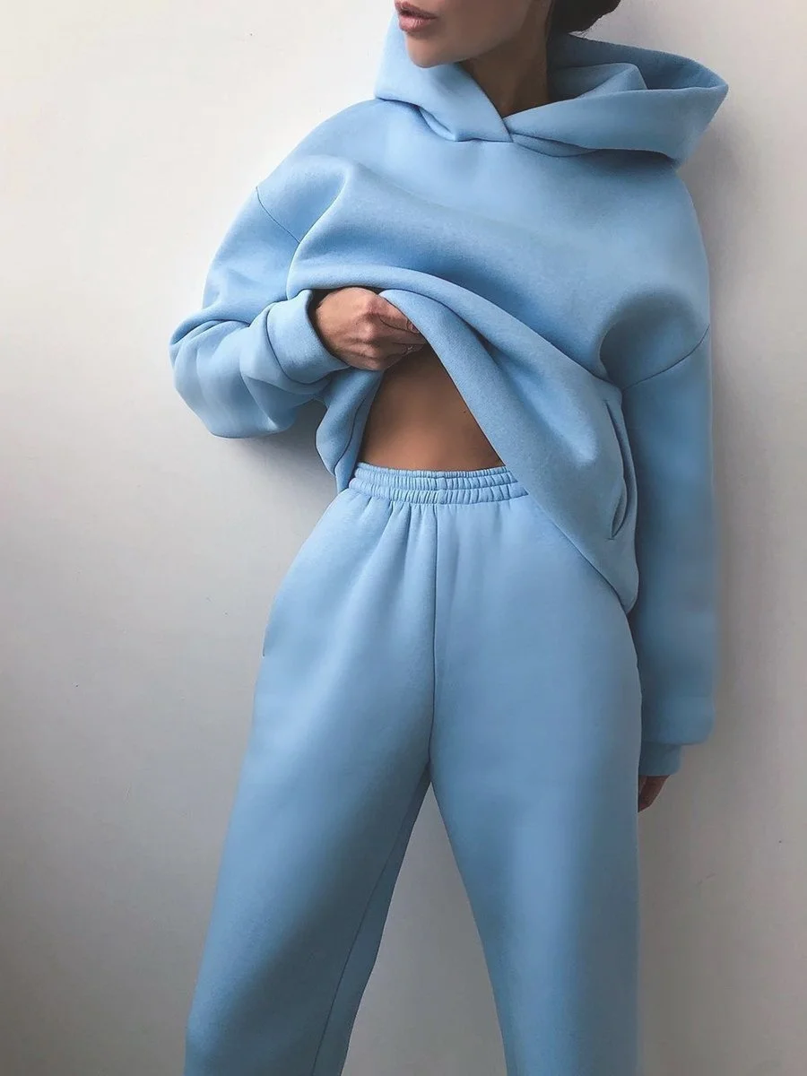 Women Plain Split Joint Two-Piece Set Daily Long Sleeve Casual Spring/Fall Top With Pants Matching Set