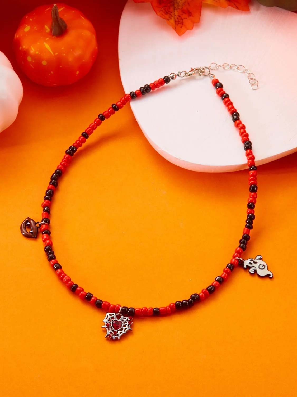 Halloween Necklace Funny Pumpkin Ghost Cat Pendant Horror Contrast Color Rice Bead Necklace Clavicle Chain