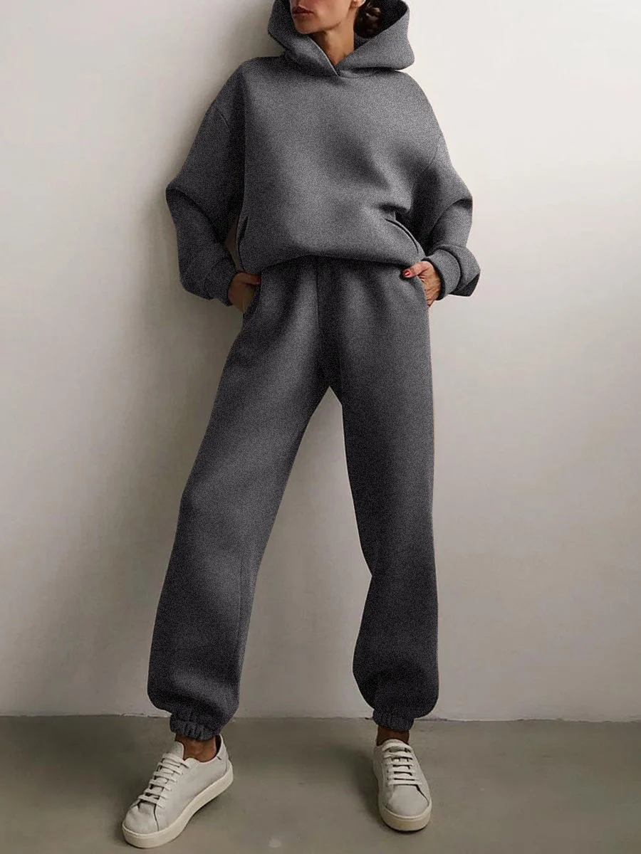 Women Plain Split Joint Two-Piece Set Daily Long Sleeve Casual Spring/Fall Top With Pants Matching Set