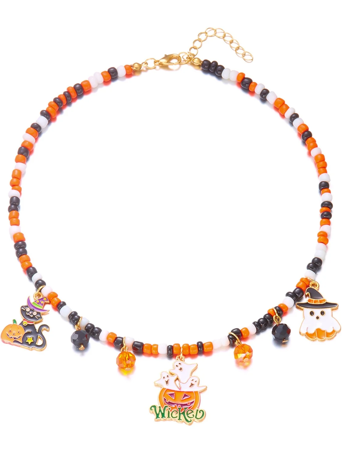 Halloween Necklace Funny Pumpkin Ghost Cat Pendant Horror Contrast Color Rice Bead Necklace Clavicle Chain