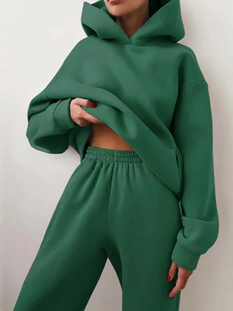 Women Plain Split Joint Two-Piece Set Daily Long Sleeve Casual Spring/Fall Top With Pants Matching Set