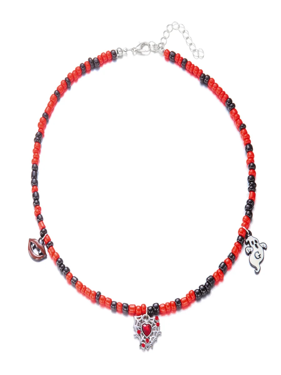 Halloween Necklace Funny Pumpkin Ghost Cat Pendant Horror Contrast Color Rice Bead Necklace Clavicle Chain
