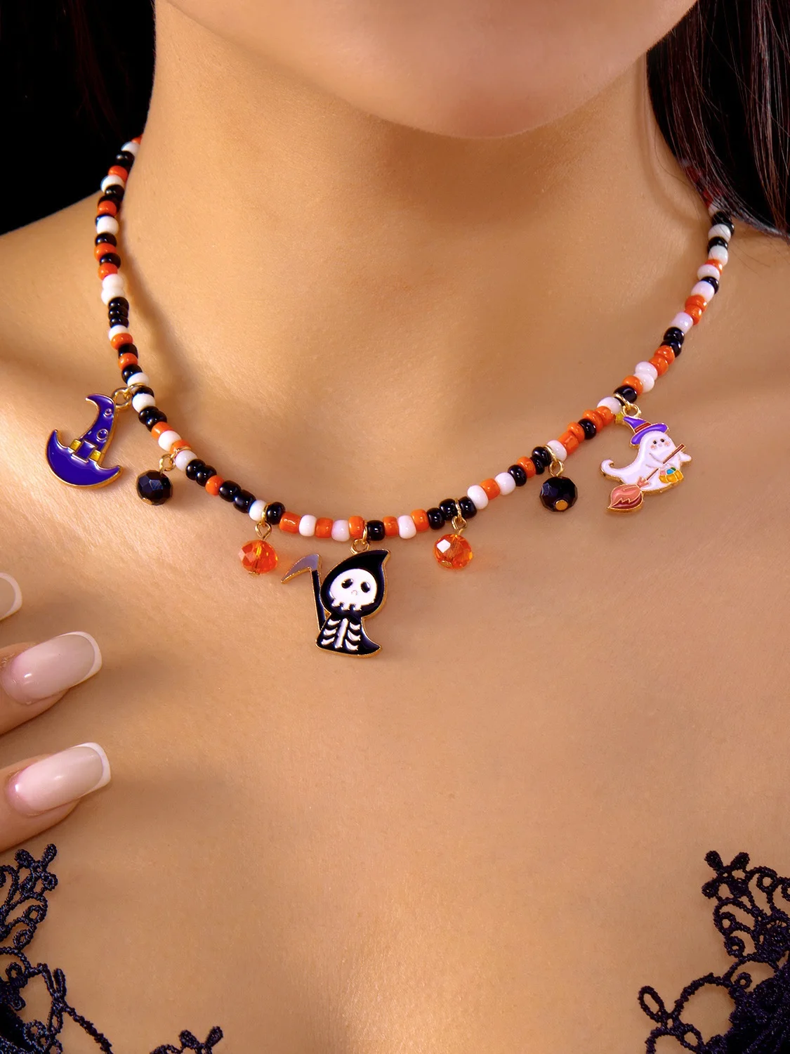 Halloween Necklace Funny Pumpkin Ghost Cat Pendant Horror Contrast Color Rice Bead Necklace Clavicle Chain
