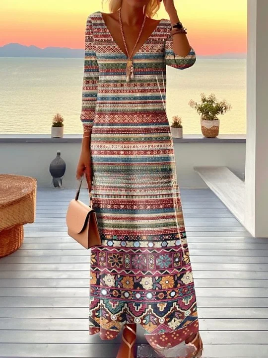 Women Striped Long Sleeve Spring/Fall Split Joint Dress V Neck Daily Vintage Maxi Tank A-Line Dress