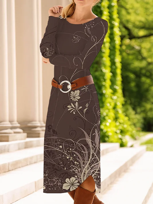 Women Floral Long Sleeve Spring/Fall Dress Crew Neck Daily Casual Midi T-Shirt Dress A-Line Dress