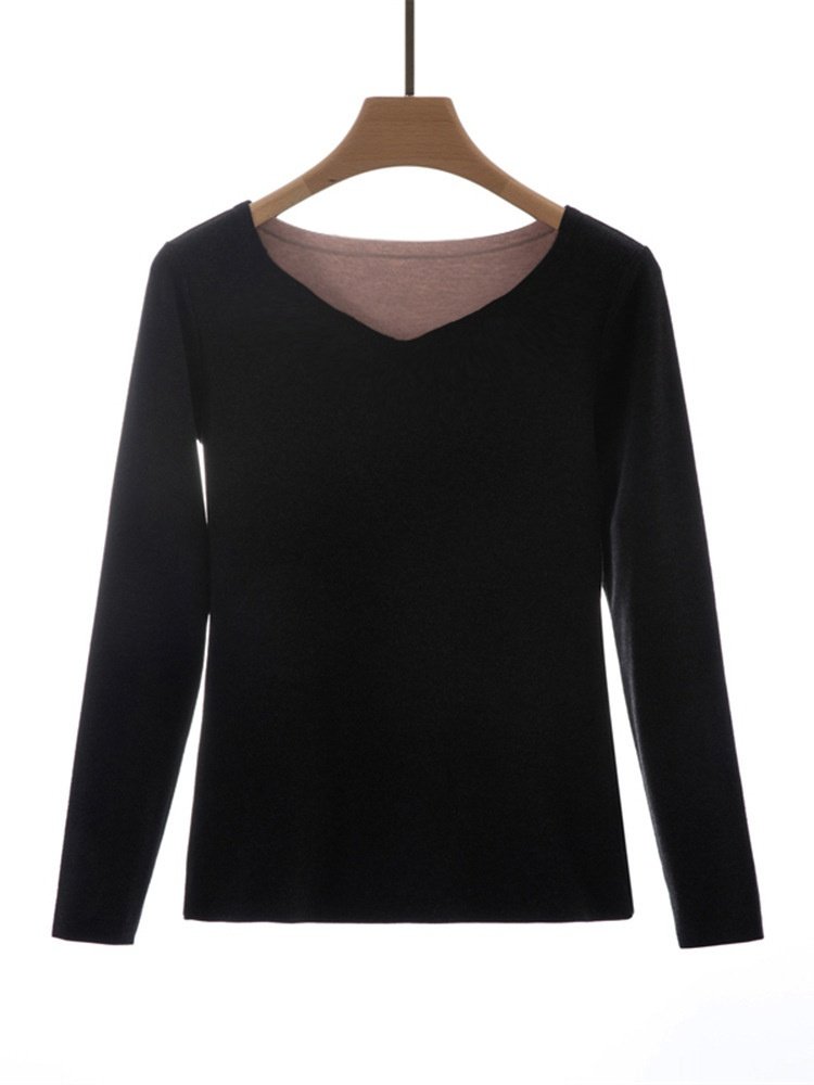 Women Plain Long Sleeve Tee T-shirt V Neck Split Joint Vintage Spring/Fall Top