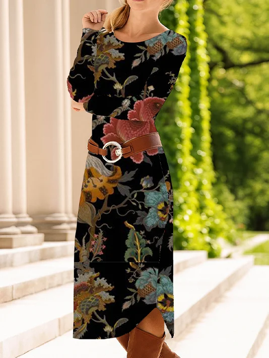 Women Floral Long Sleeve Spring/Fall Dress Crew Neck Daily Casual Midi T-Shirt Dress A-Line Dress