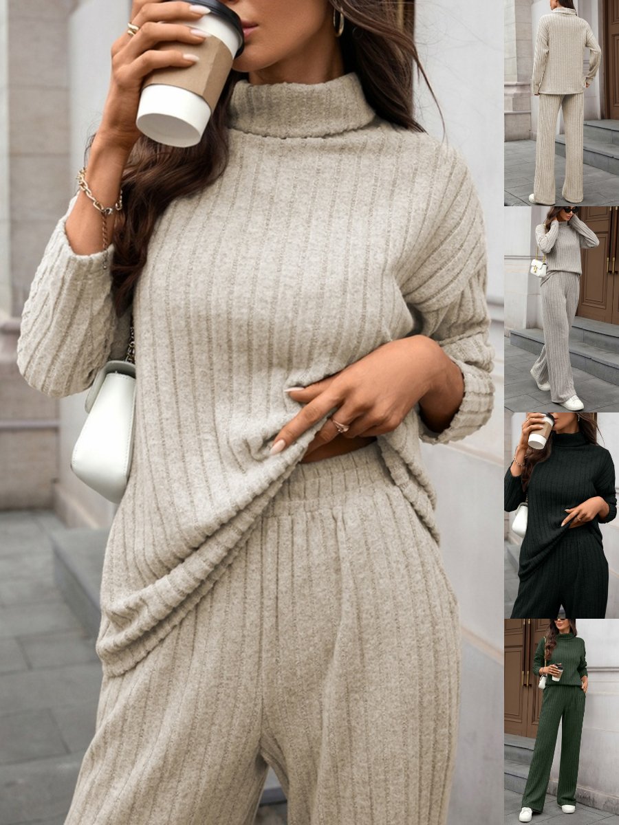Women Plain Split Joint Two-Piece Set Daily Long Sleeve Casual Spring/Fall Top With Pants Matching Set