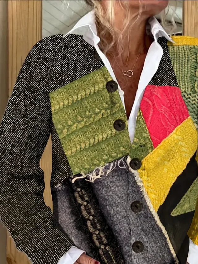 Women Abstract Printing Long Sleeve Crew Neck Vintage Spring/Fall Cardigan Outerwear