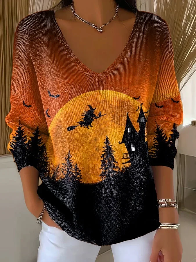 Women Halloween Long Sleeve Tee T-shirt V Neck Printing Casual Spring/Fall Top