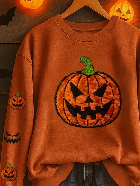 Women Halloween (pumpkin) Crew Neck Printing Casual Spring/Fall Long Sleeve Sweatshirt