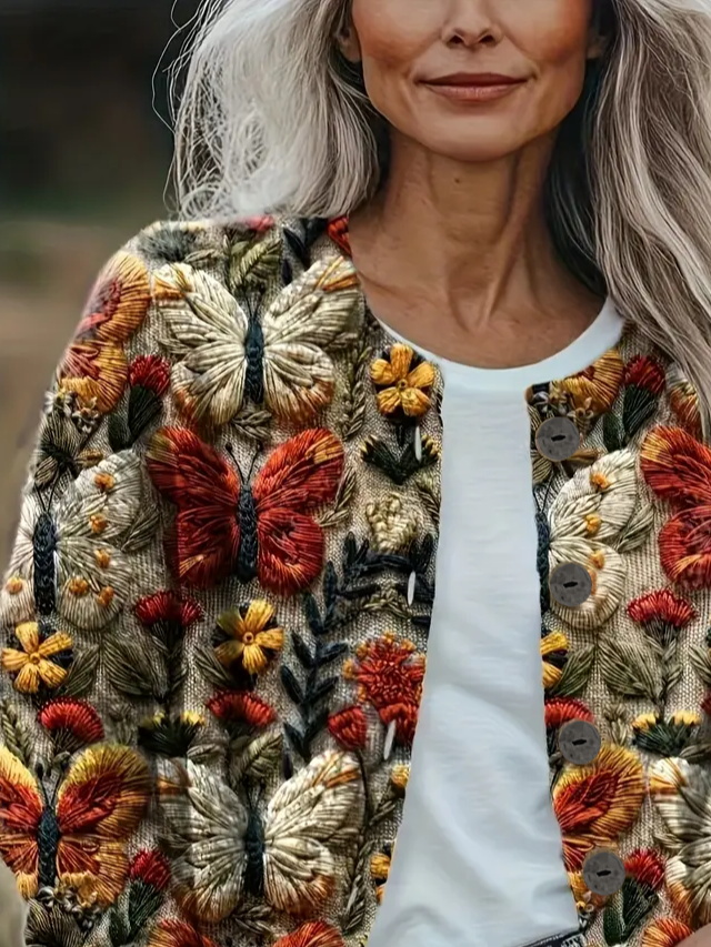 Women Floral Printing Long Sleeve Crew Neck Vintage Spring/Fall Cardigan Outerwear