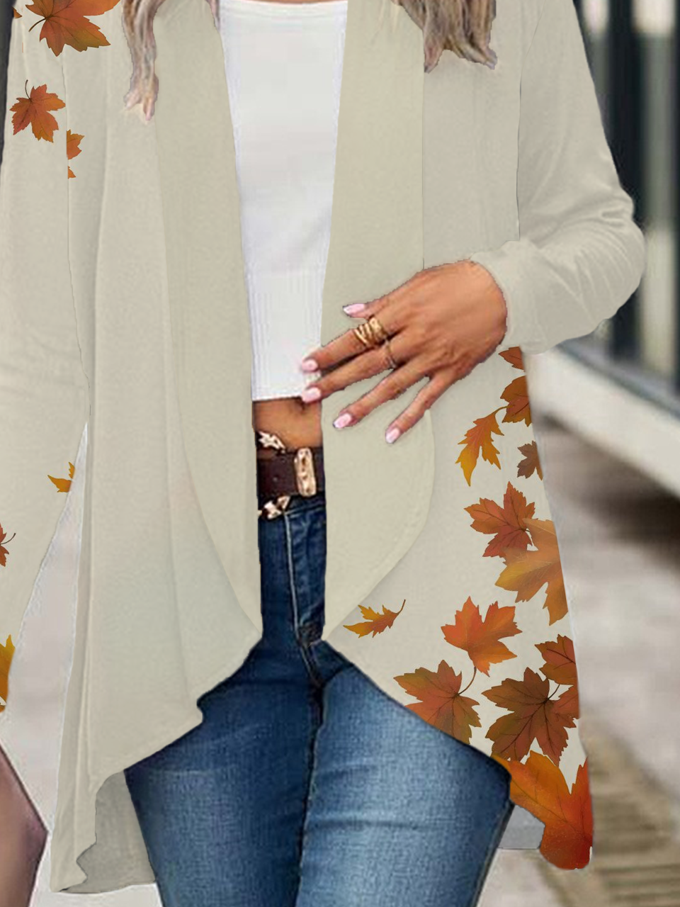 Women Maple Leaf Spring/Fall Cover-up Casual Printing Lightweight Cardigan