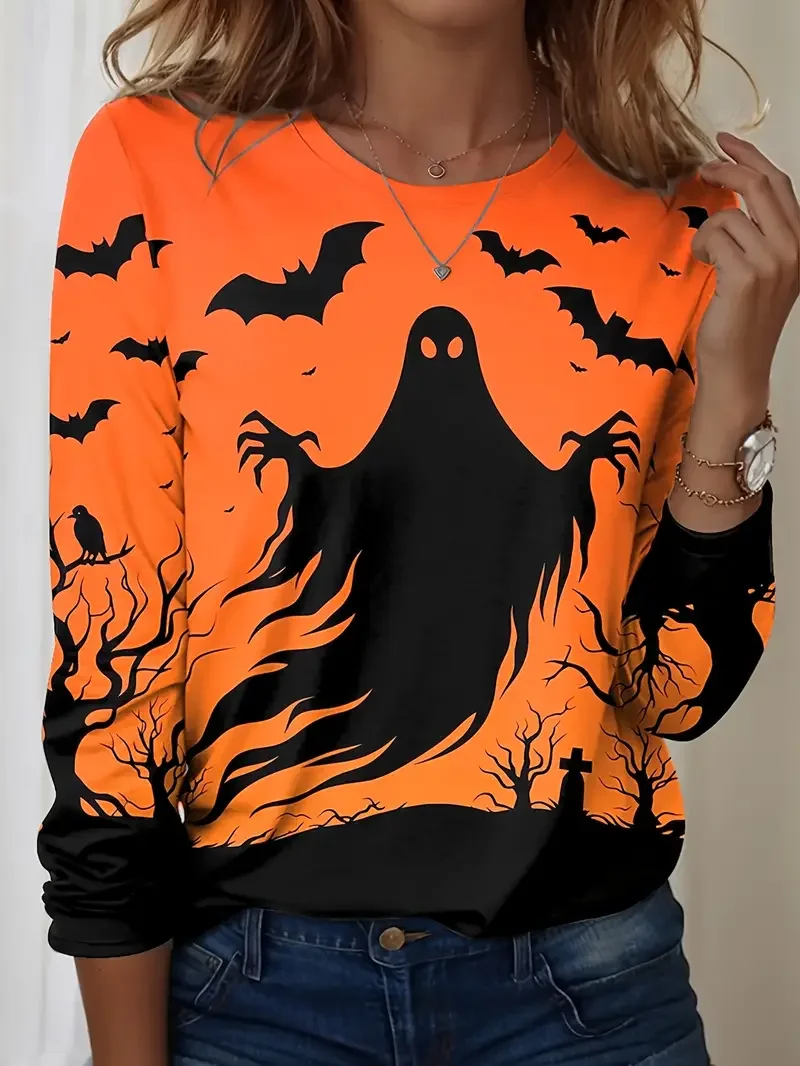 Women Halloween Long Sleeve Tee T-shirt Crew Neck Printing Casual Spring/Fall Graphic Tee Top