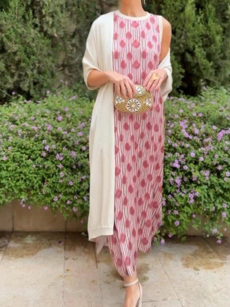 Women Striped Printing Two-Piece Set Daily Long Sleeve Vintage Spring/Fall Coat With Skirt Matching Set