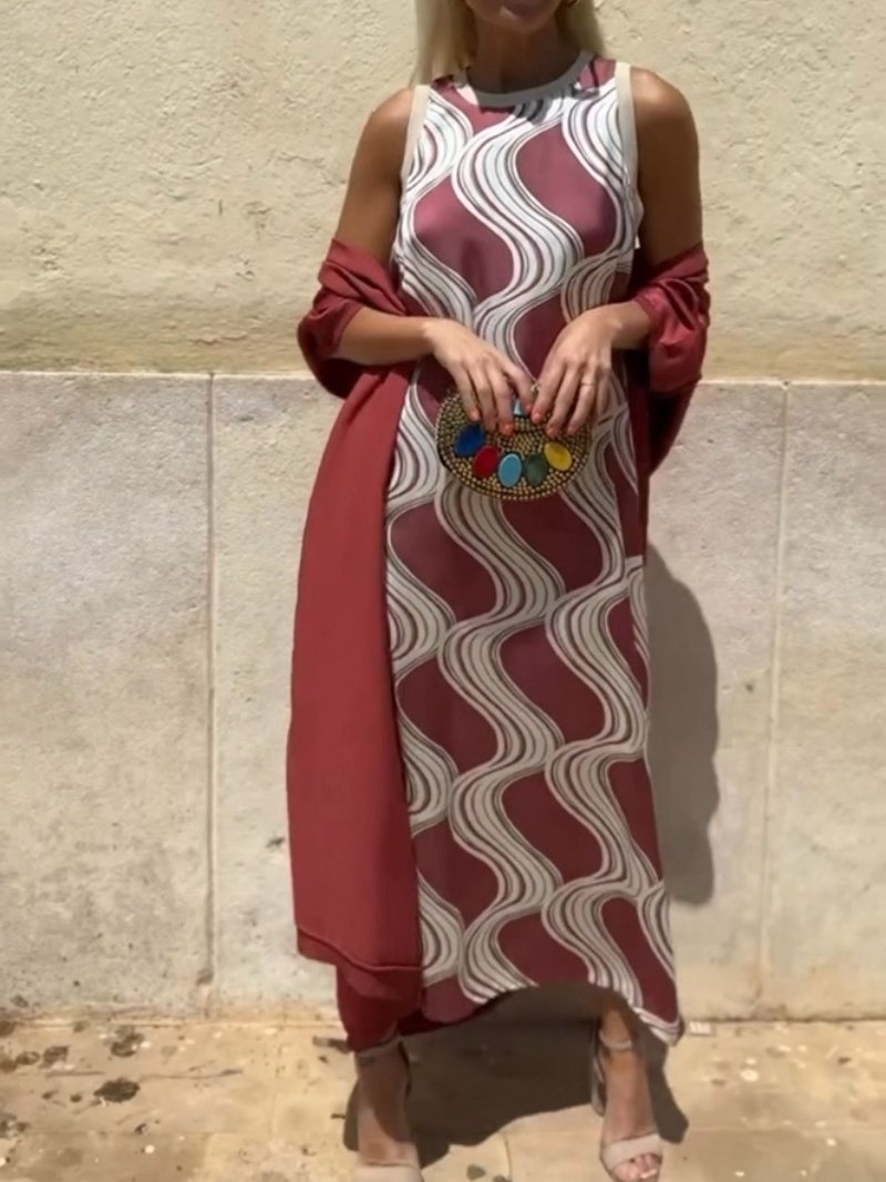 Women Striped Printing Two-Piece Set Daily Long Sleeve Vintage Spring/Fall Coat With Skirt Matching Set