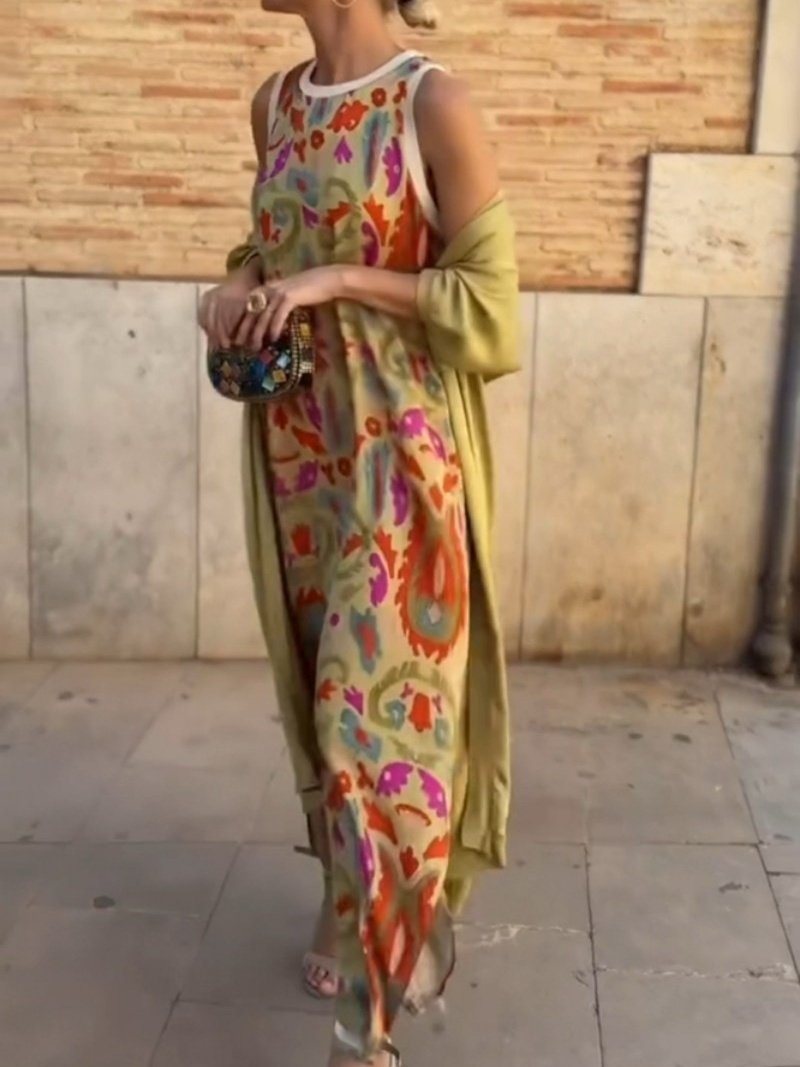 Women Striped Printing Two-Piece Set Daily Long Sleeve Vintage Spring/Fall Coat With Skirt Matching Set