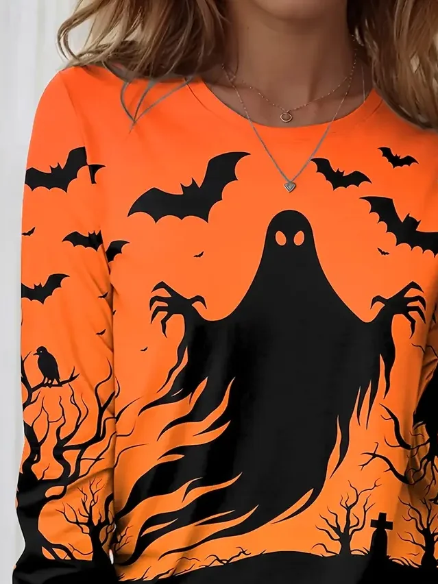 Women Halloween Long Sleeve Tee T-shirt Crew Neck Printing Casual Spring/Fall Graphic Tee Top