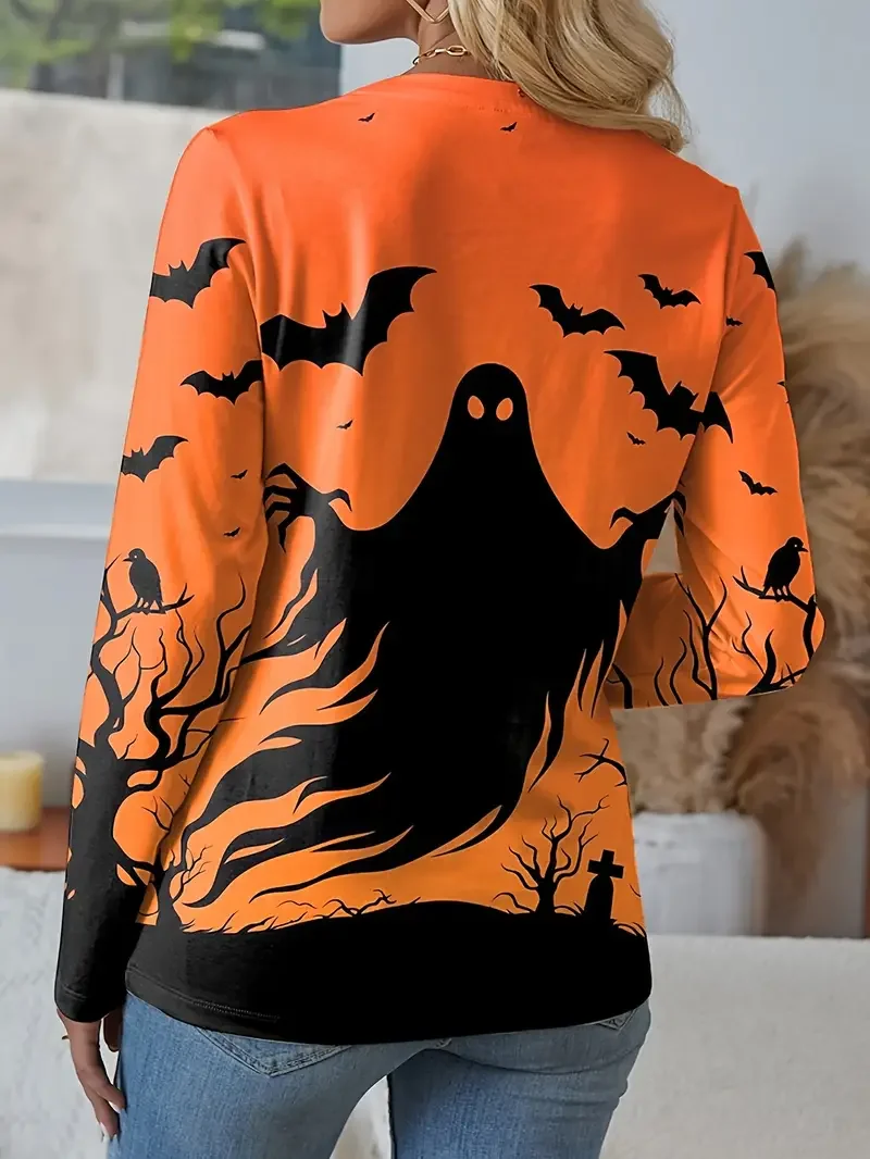 Women Halloween Long Sleeve Tee T-shirt Crew Neck Printing Casual Spring/Fall Graphic Tee Top