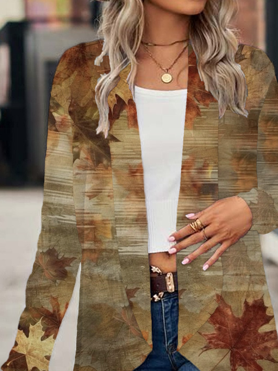 Women Maple Leaf Spring/Fall Cover-up Casual Printing Lightweight Cardigan