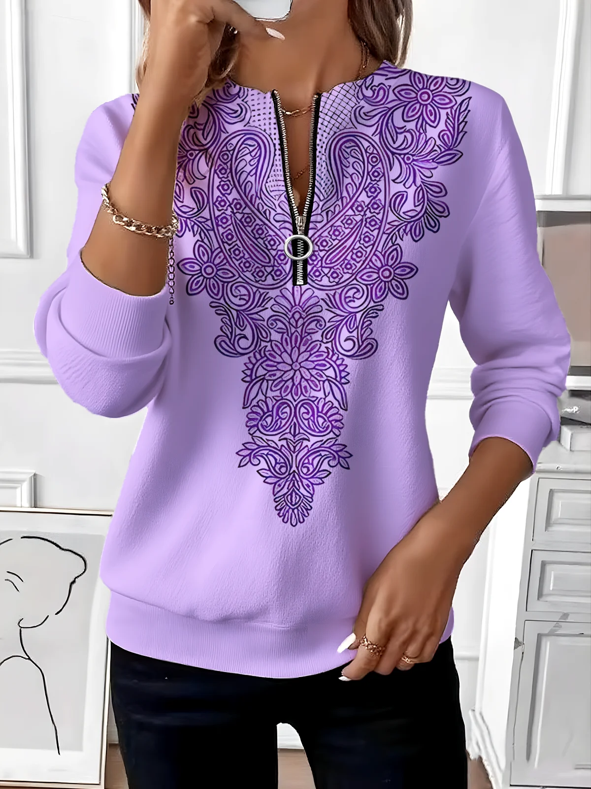 Women Ombre Crew Neck Vintage Spring/Fall Long Sleeve Sweatshirt