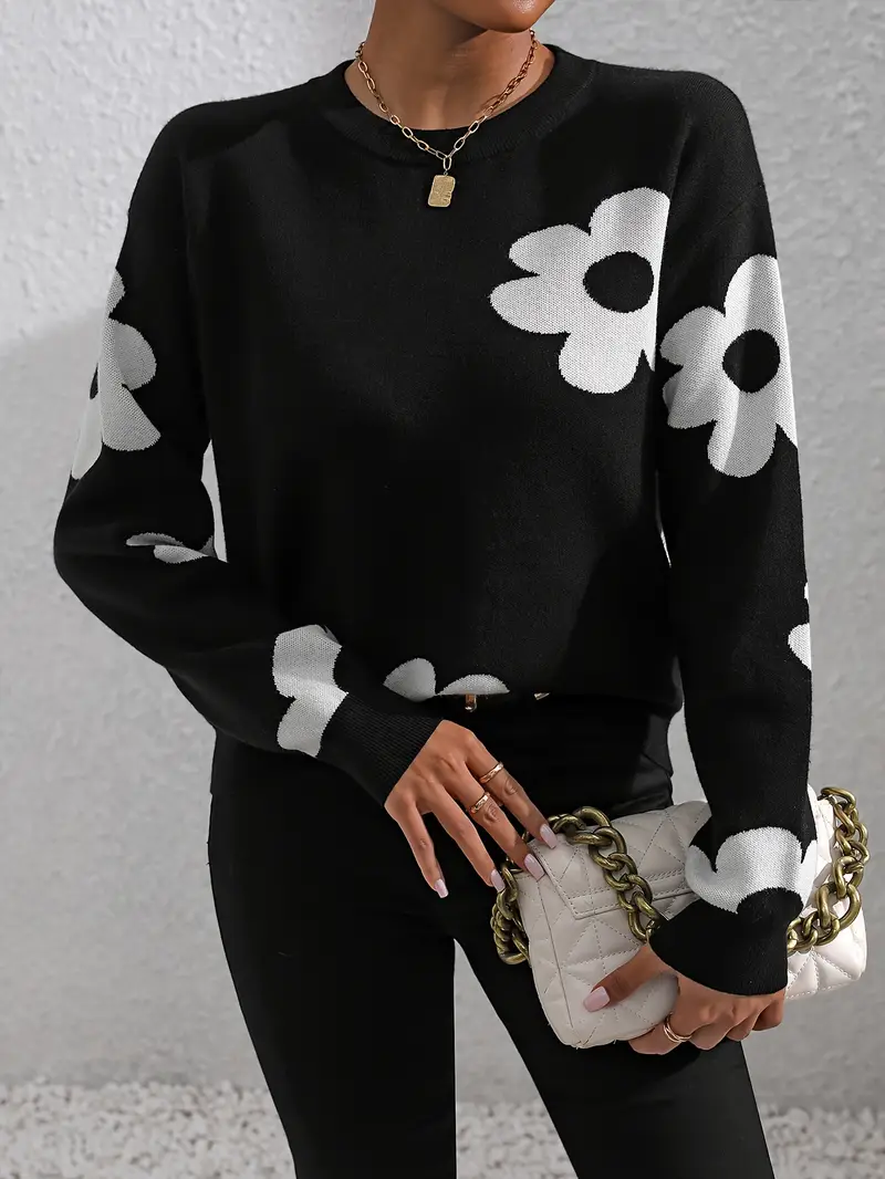 Women Floral Printing Spring/Fall Casual Long Sleeve Crew Neck Sweater
