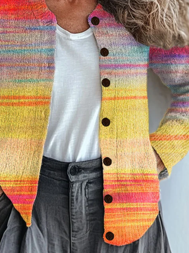 Women Abstract Printing Long Sleeve Crew Neck Vintage Spring/Fall Cardigan Outerwear