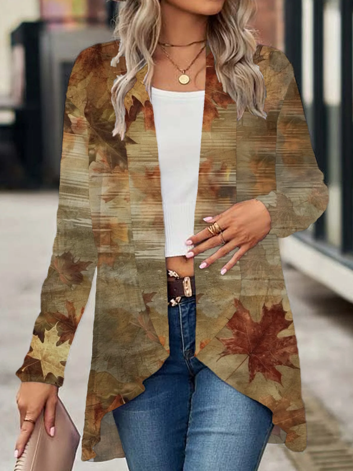 Women Maple Leaf Spring/Fall Cover-up Casual Printing Lightweight Cardigan