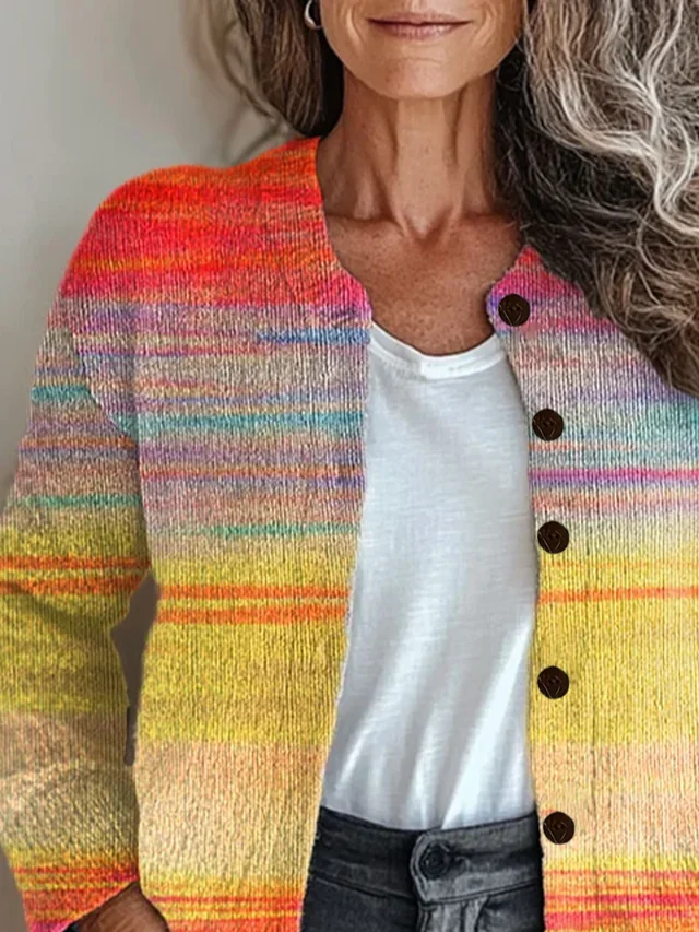 Women Abstract Printing Long Sleeve Crew Neck Vintage Spring/Fall Cardigan Outerwear