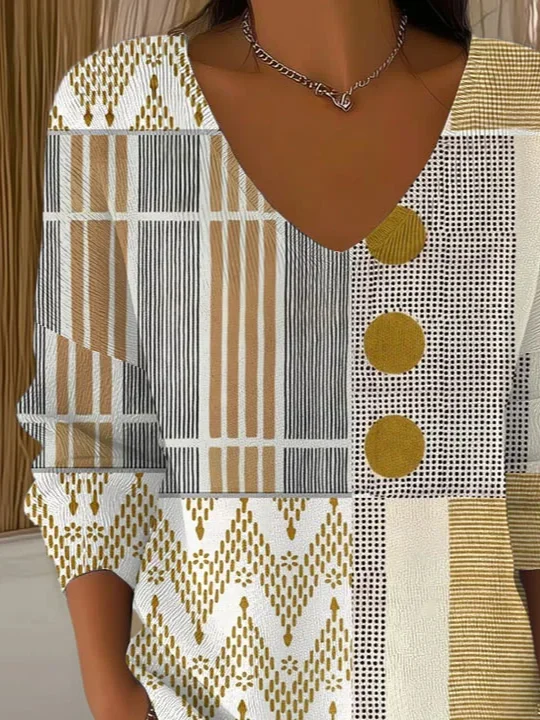 Women Abstract Long Sleeve Tee T-shirt V Neck Printing Casual Spring/Fall Top