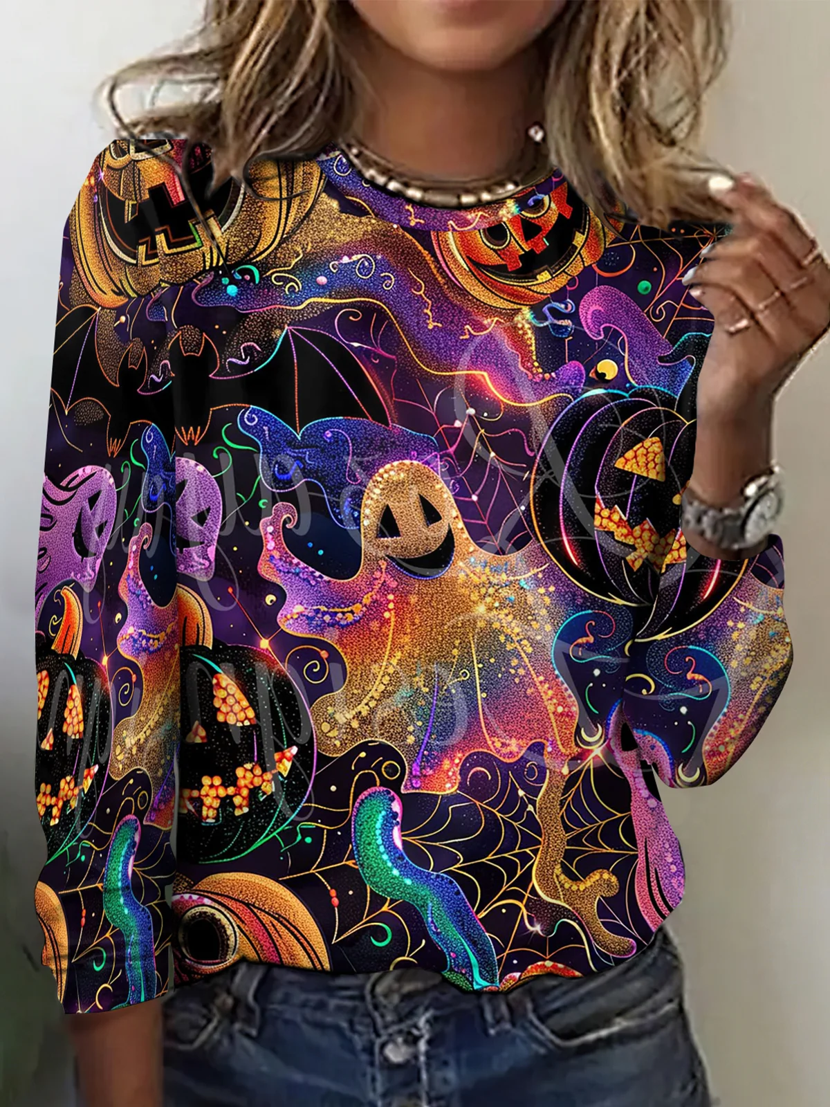 Women Halloween Long Sleeve Tee T-shirt Crew Neck Vintage Spring/Fall Top