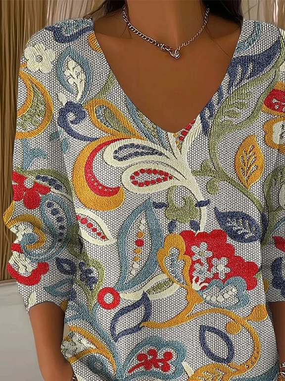 Women Floral Long Sleeve Tee T-shirt V Neck Printing Casual Spring/Fall Top
